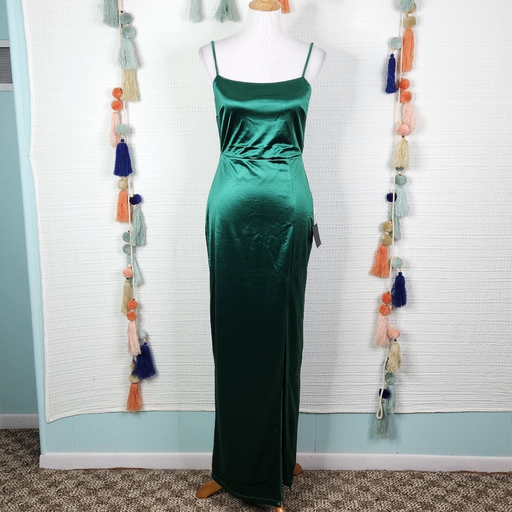 Lulu's Meant to be Romanced Emerald Green Satin Column Maxi Dress
